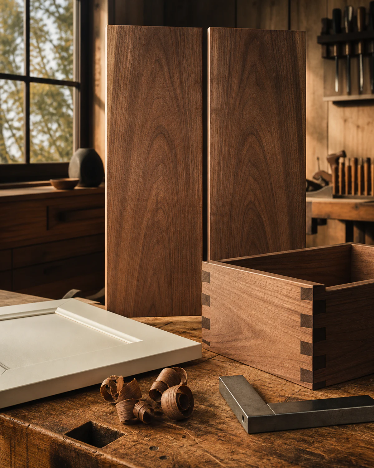 Walnut samples and precision cabinet joinery arranged for a custom design