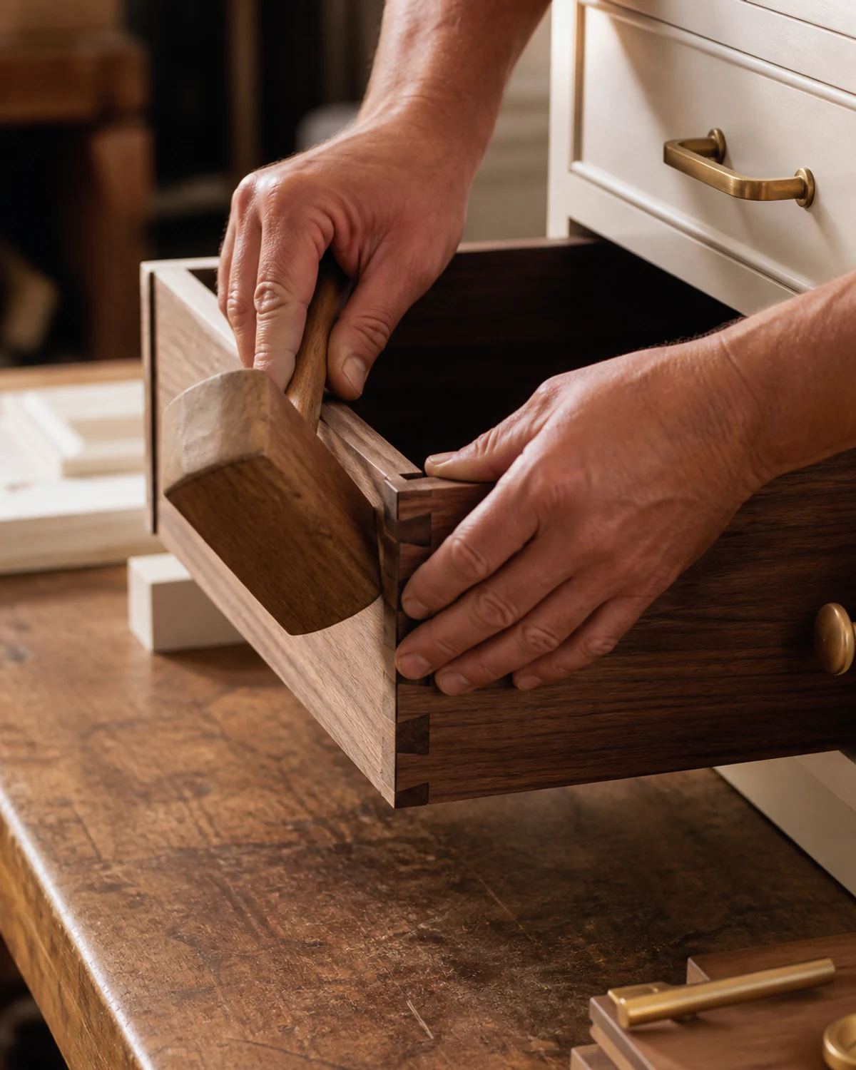 Cabinetmaker hands fitting a detailed wood cabinet component