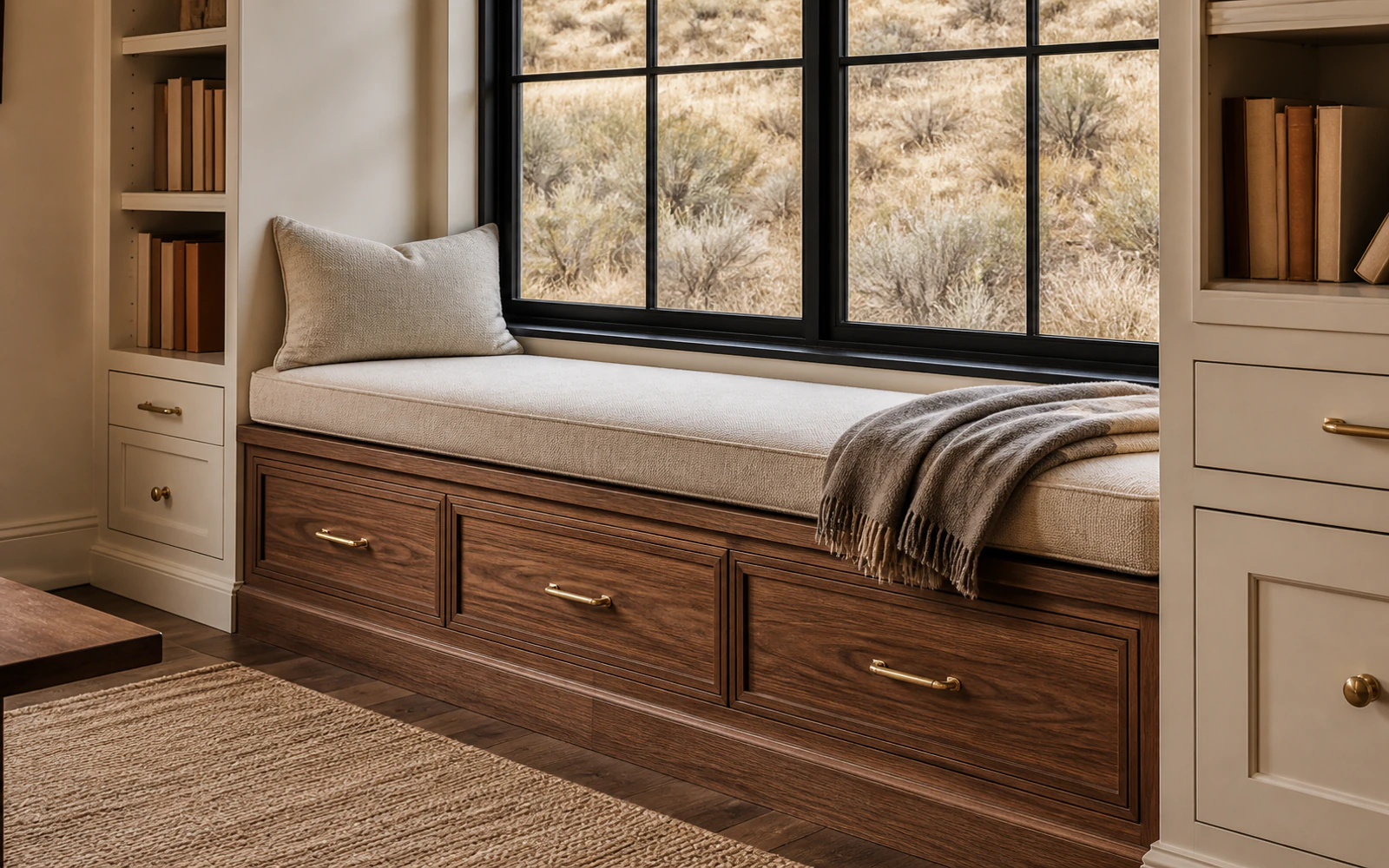 Window seat built-in with walnut drawers, cream bookcases, and a view of dry Idaho hills
