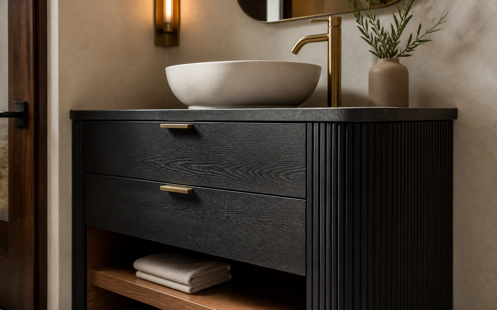 Black wood bathroom vanity with fluted sides, brass pulls, vessel sink, and open towel shelf