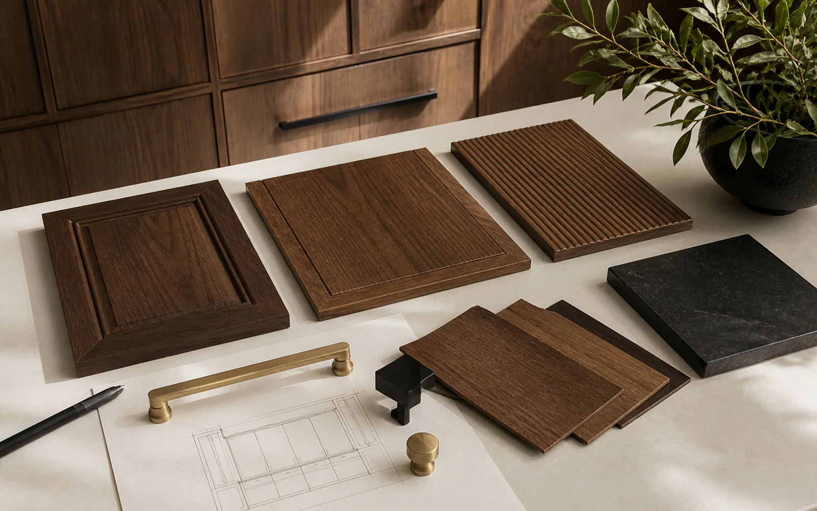Cabinet door profiles, walnut samples, brass and black hardware, stone, and a hand-drawn elevation