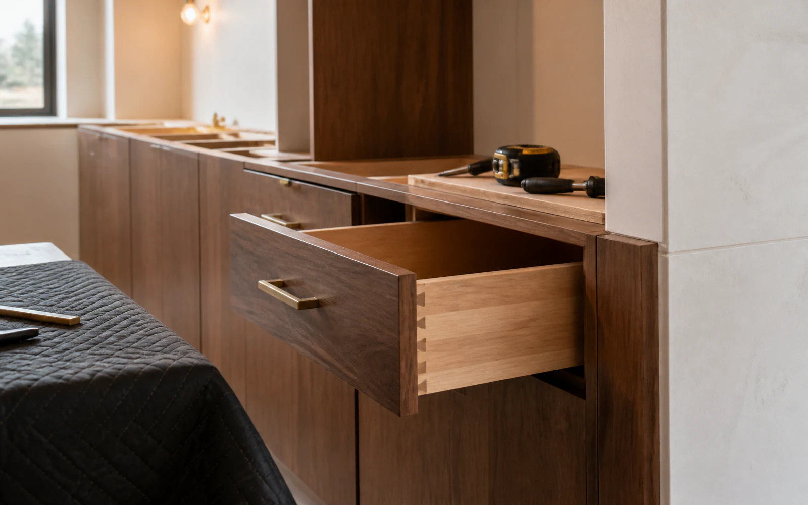 Walnut base cabinets during installation with an open dovetail drawer, measuring tape, and hand tools