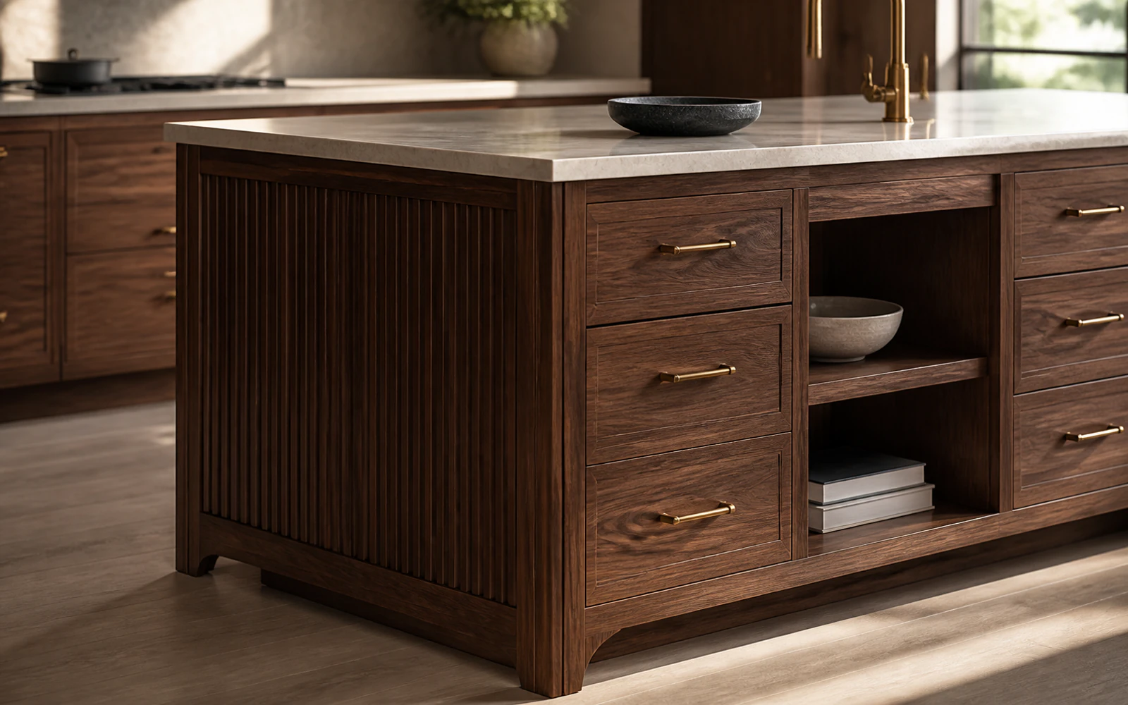 Walnut kitchen island with fluted end panels, drawers, open shelves, and a pale stone top