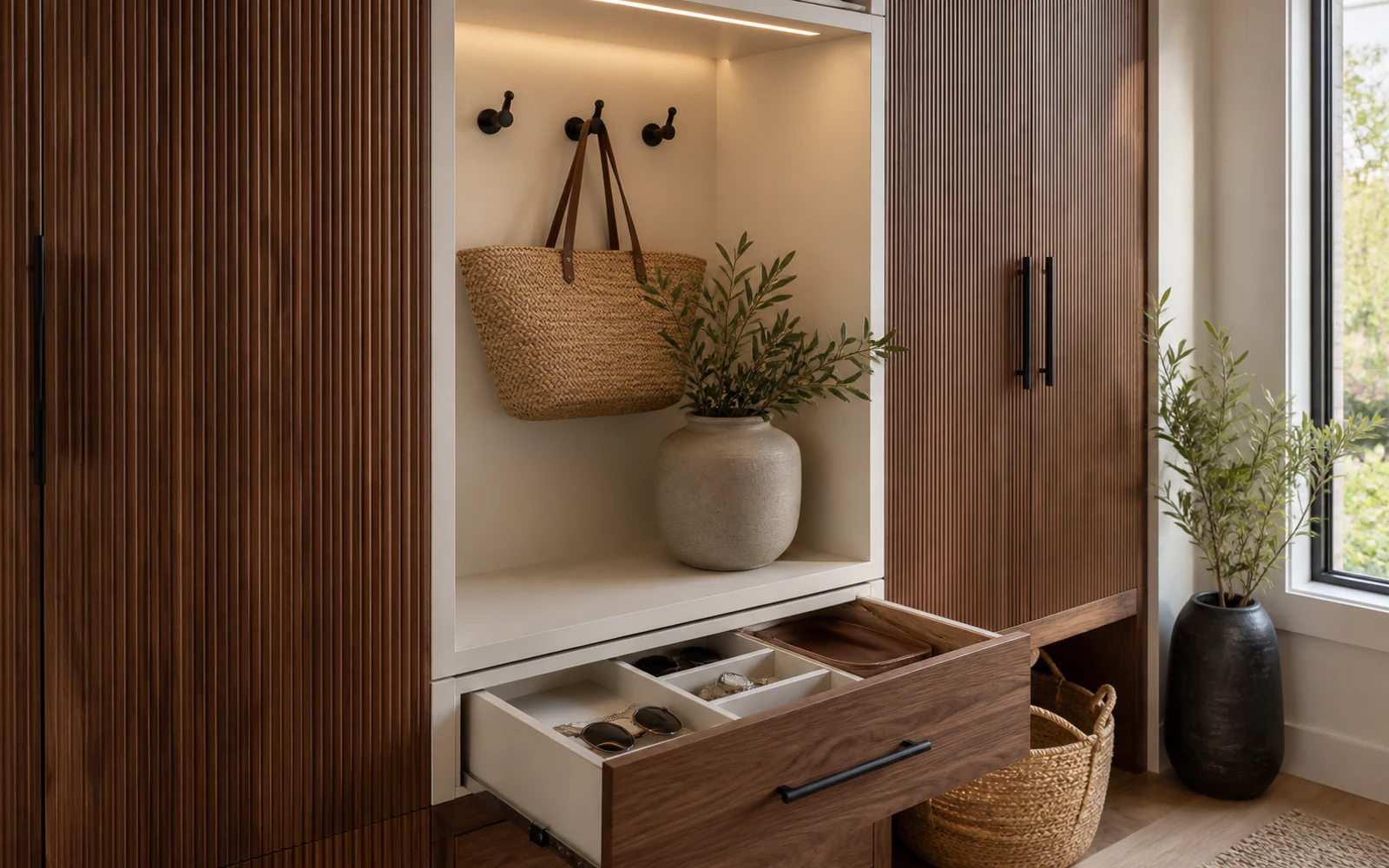 Fluted walnut entry cabinets with an open drop zone, drawer organizer, hooks, and baskets