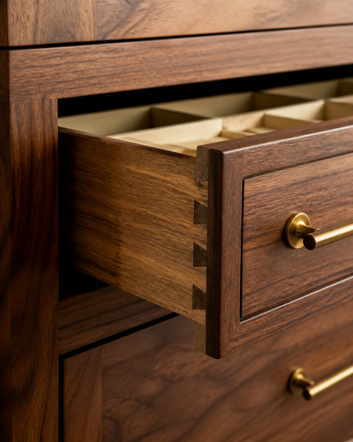 Close-up of an open walnut cabinet drawer with precisely fitted wood dividers