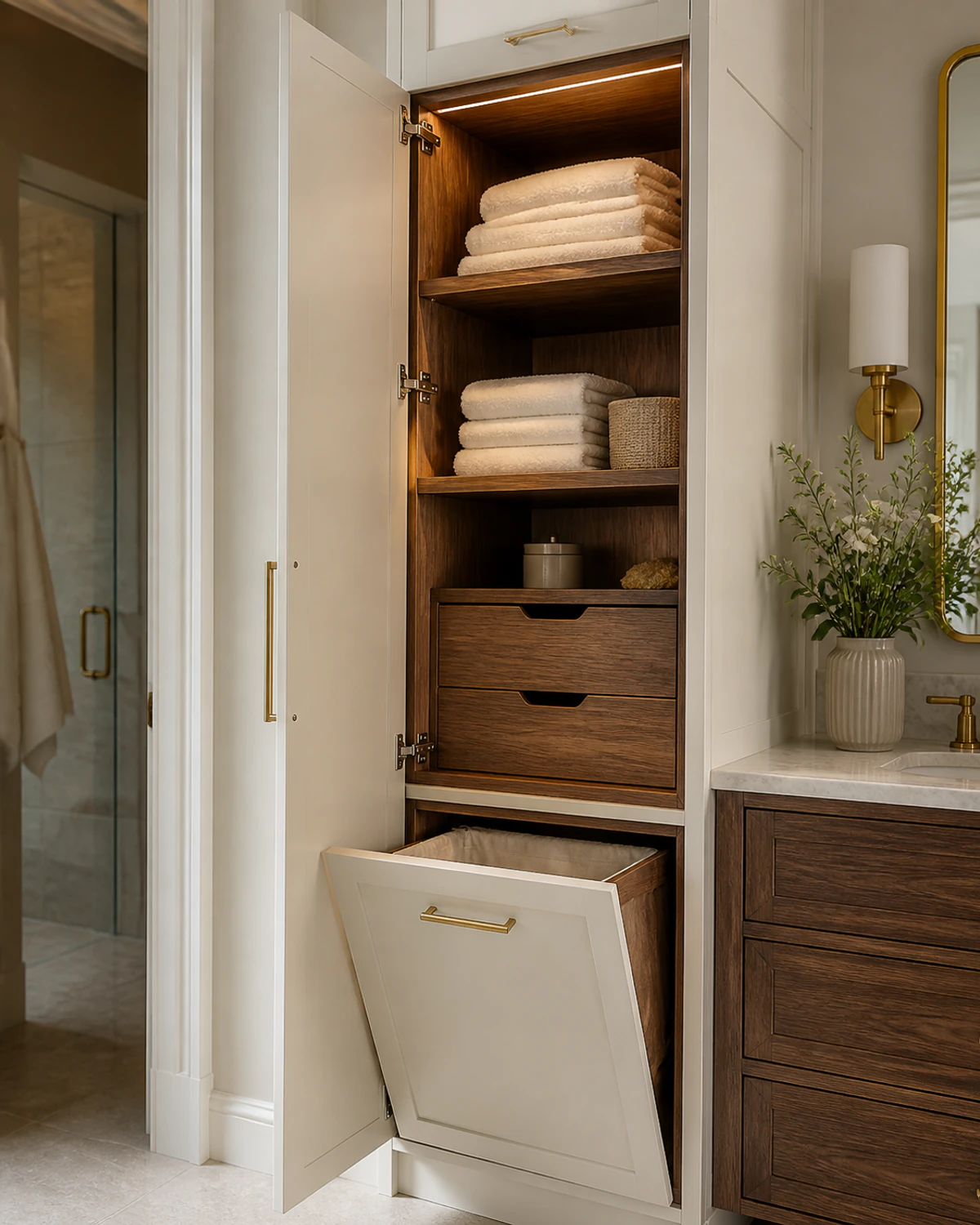 Open bathroom linen cabinet with walnut shelves, internal drawers, folded towels, and a pull-out hamper