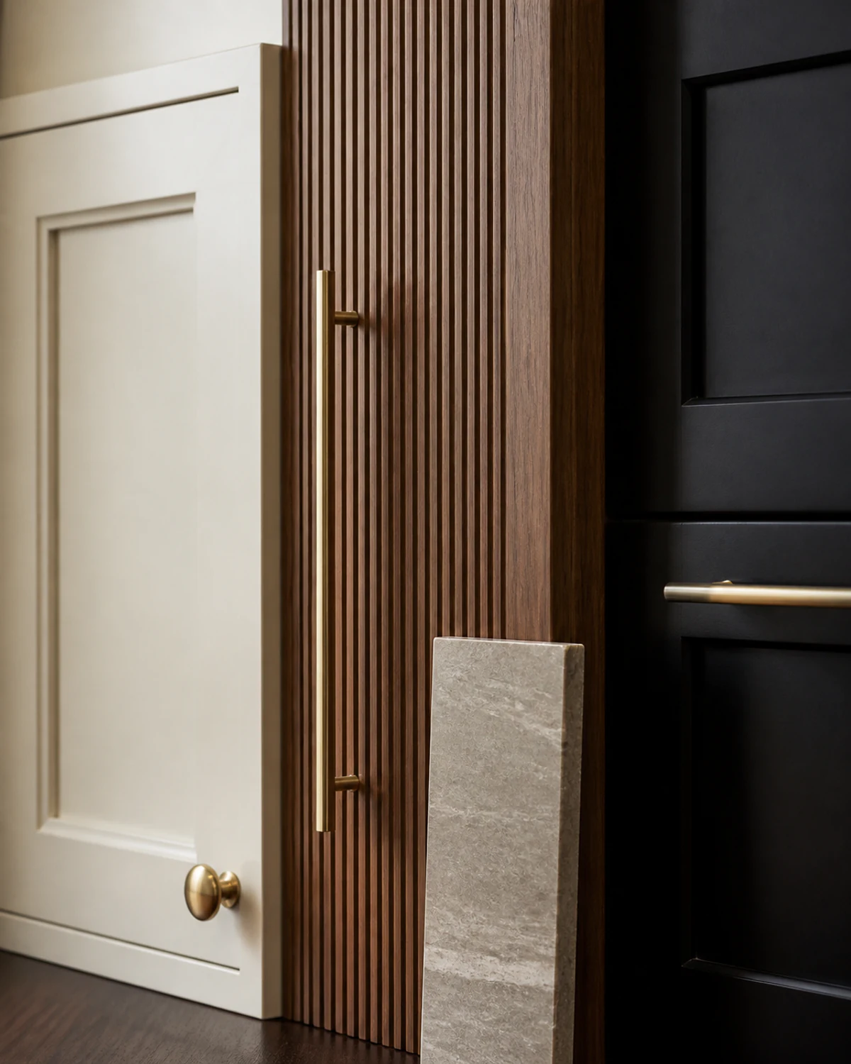 Close view of a fluted walnut cabinet sample beside painted doors, hardware, and a stone sample