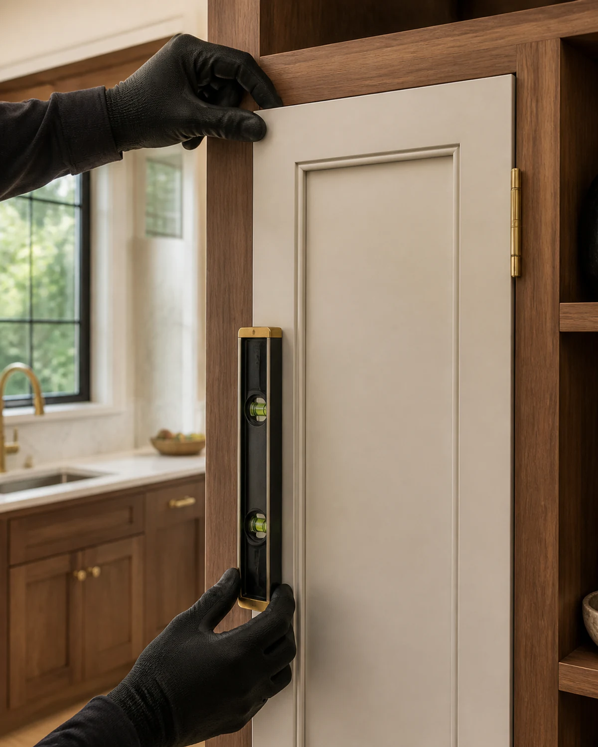 Gloved hands using a level to align a cream inset cabinet door within a walnut frame