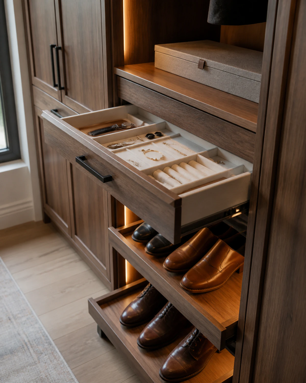 Open walnut closet drawers with divided jewelry storage and illuminated pull-out shoe shelves