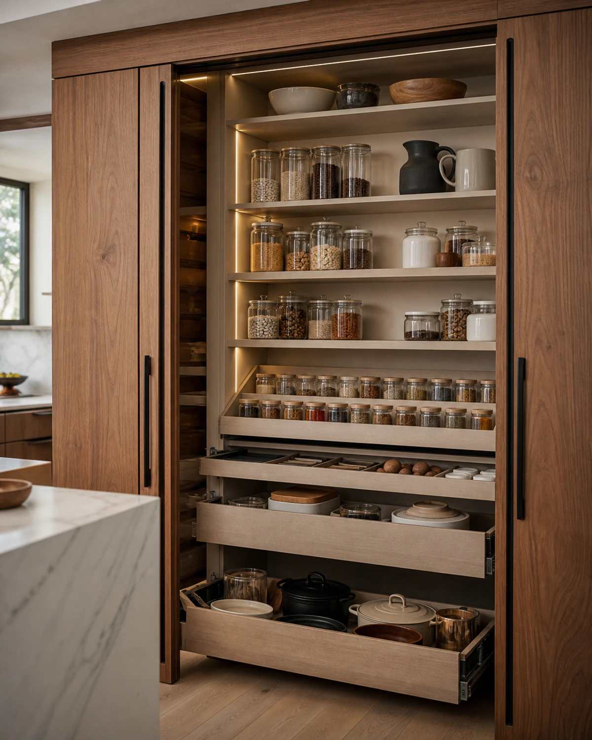 Tall walnut kitchen pantry open to show illuminated shelves, spice storage, and pull-out drawers