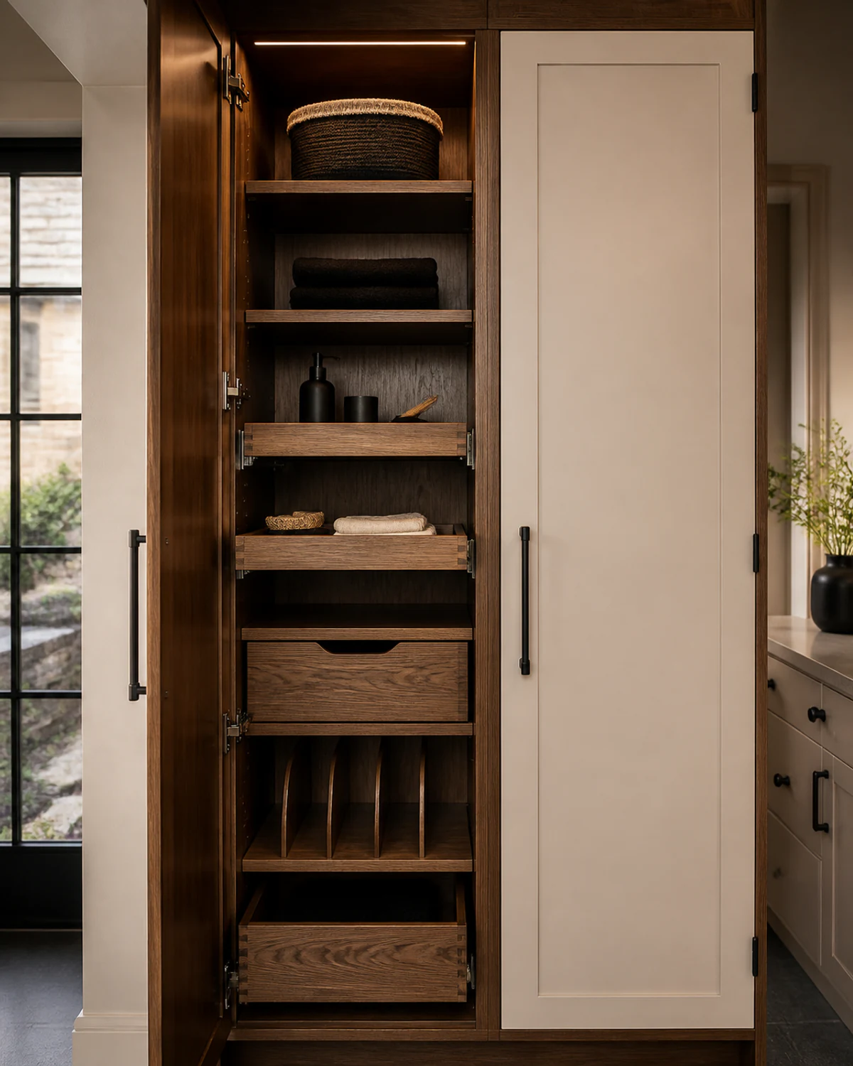 Open tall storage cabinet with walnut shelves, pull-out trays, linens, baskets, and vertical dividers