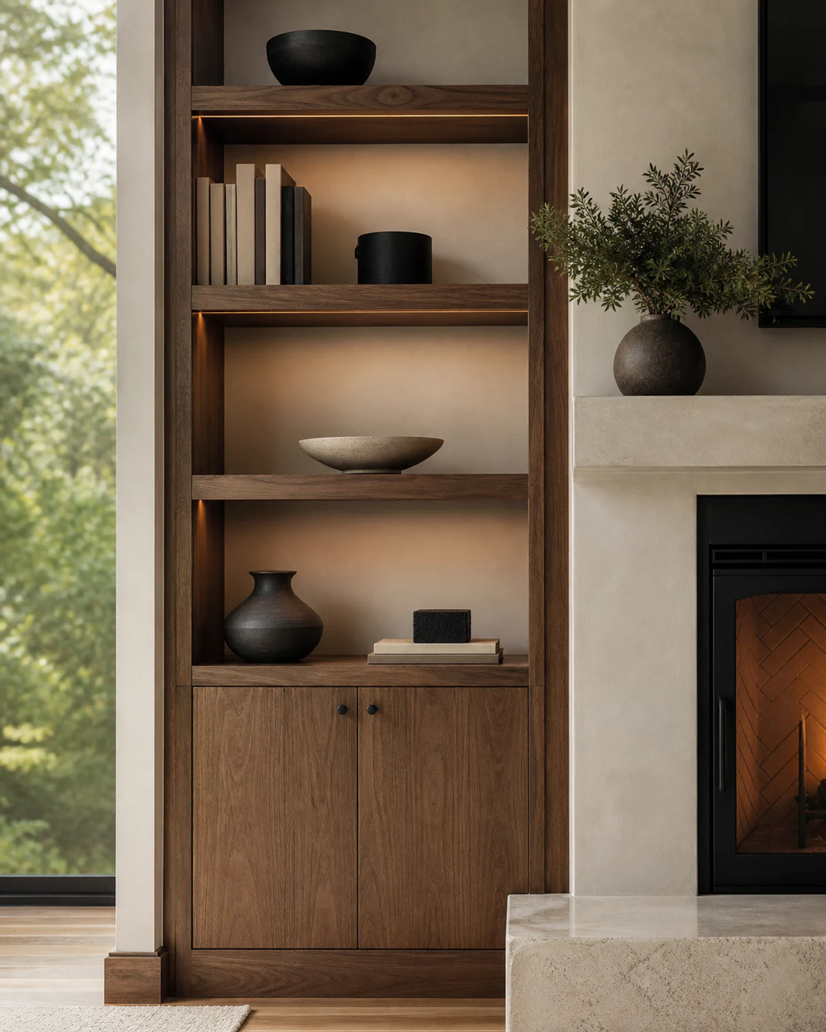 Walnut built-in cabinetry fitted beside a pale stone fireplace