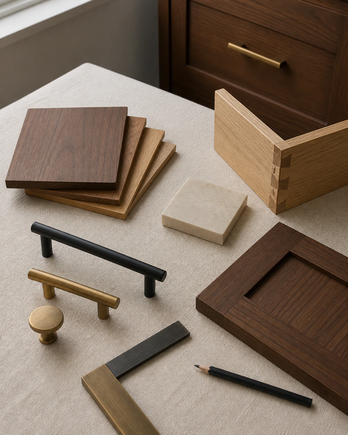 Cabinet material samples, wood finishes, brass hardware, and design tools arranged on a worktable